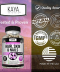 Kaya Naturals Hair Skin Nail Capsules BIOTIN Vitamin D Vitamin B12 A Folic Acid Support Hair Support Vitamin Supplement 180 Count