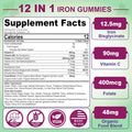 Vegan Iron Gummies Supplement - High Absorption Chelated Bisglycinate Iron With Vitamin C, B-Complex, Folate For Energy, Blood Builder Iron Filled Supplement For Adults & Kids - No After Taste, 60Cts