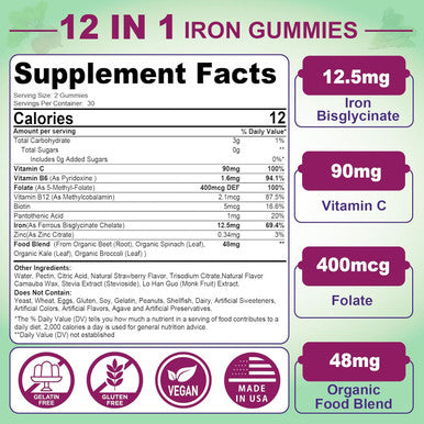 Vegan Iron Gummies Supplement - High Absorption Chelated Bisglycinate Iron With Vitamin C, B-Complex, Folate For Energy, Blood Builder Iron Filled Supplement For Adults & Kids - No After Taste, 60Cts
