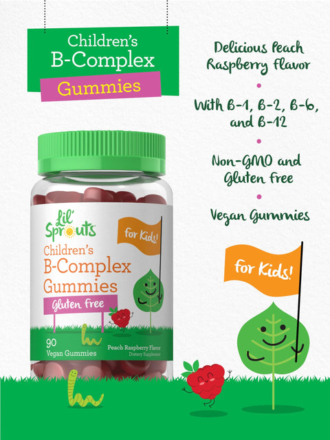 Carlyle Kids B Complex Gummies 90 Count with Vitamin B1 B2 B6 B12 and Ashwagandha Extract Peach Raspberry Flavor Vegan NonGMO and Gluten Free Supplement Lil' Sprouts