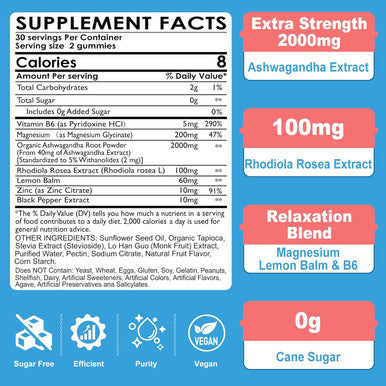 Ashwagandha Gummies 2000Mg, Magnesium Glycinate Gummies For Adults 200Mg, Vitamin B6, Zinc, Rhodiola Rosea, Lemon Balm, - Relaxation Support, Natural Zzz, Brain, Muscle, Stamina, Energy, Sugar Free