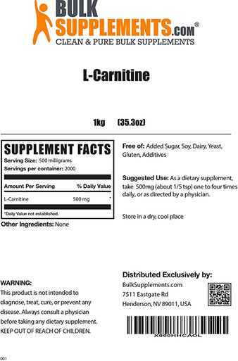 BulkSupplements.com L-Carnitine Powder - Fat Burner Supplements - Amino Acids Supplement - Mens Fat Burner - Womens Pre Workout (1 Kilogram)