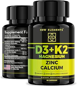 Vitamin D3 K2 with Magnesium Glycinate + Zinc and Calcium Magnesium 1500mg D3 10000 IU K2 (MK7) 200mcg Zinc 50mg Calcium 50mg Immunity Bone and Recovery Support Vegan NonGMO
