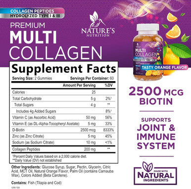 Collagen Gummies With 2500Mcg Biotin, Vitamin C & Zinc - Hydrolyzed Type 1 & 3 Collagen Peptides Supplement - Support For Hair, Skin, Nails & Joints - Gluten - Orange Flavored Gummy - 120 Count