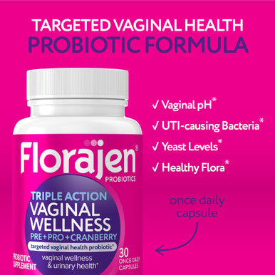 Florajen Women's Triple-Action Probiotic - Prebiotic + Probiotic + Cranberry for Vaginal Digestive & Immune Support - Fast-Acting - Clinically-Studied - Gluten-Free & Vegan - 30-Count