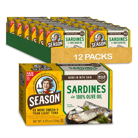 Season Sardines in Water No Salt Added Wild Caught 22g of Protein Keto Snacks More Omega 3's Than Tuna Kosher High in Calcium Canned Sardines 4.37 Oz Tins 12Pack