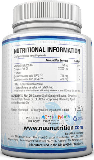 Omega 3 Fish Oil 2200mg & Vitamin D3 2000IU Ãƒâ€šÃ¢â‚¬â€œ 250 Capsules Over 4 Months Supply Ãƒâ€šÃ¢â‚¬â€œ 720mg EPA & 480mg DHA per Serving High Strength 1100mg Fish Oil per Capsule