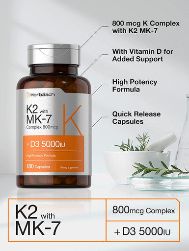 Vitamin K2 Mk7 With D3 | 180 Capsules | 800 Mcg Complex Plus Mk4 | 5000 Iu Of D3 | Non-Gmo, Gluten Free | Vitamin Supplement By Horbaach