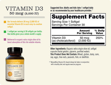 NatureWise Vitamin D3 2000iu 125 mcg for Healthy Muscle Function Bone Health and Immune Support NonGMO Gluten Free in ColdPressed Olive Oil Packaging May Vary Yellow 30 Count