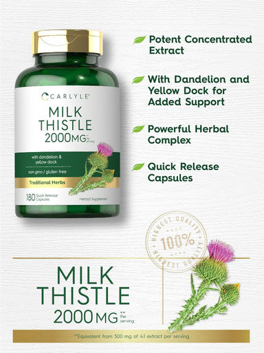 Carlyle Milk Thistle 2000Mg 180 Capsules With Dandelion & Yellow Dock Non-Gmo, Gluten Free