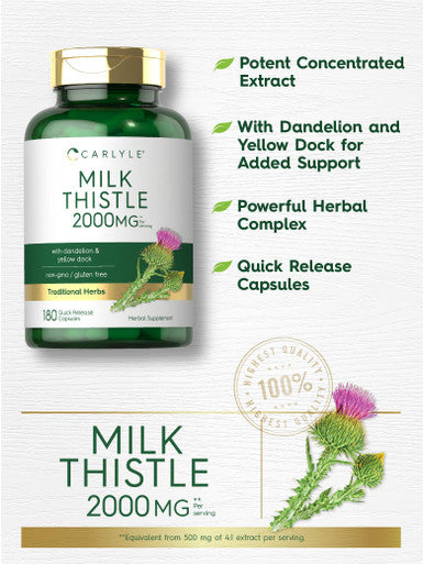 Carlyle Milk Thistle 2000Mg | 180 Capsules | With Dandelion & Yellow Dock | Non-Gmo, Gluten Free
