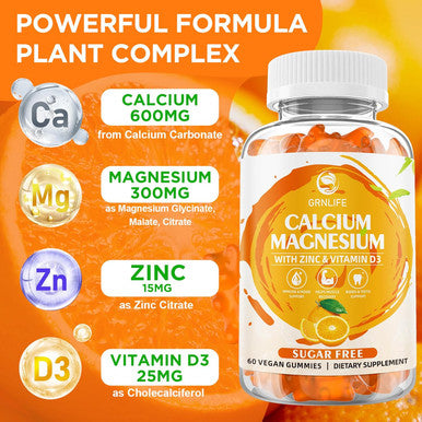 Calcium Magnesium Zinc Supplement With Vitamin D3, Sugar Calcium Gummies For Women Men, High Potency Magnesium Gummies For Bone & Muscle & Immune Health, Orange Flavors - 60 Count