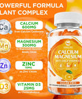 Calcium Magnesium Zinc Supplement With Vitamin D3, Sugar Calcium Gummies For Women Men, High Potency Magnesium Gummies For Bone & Muscle & Immune Health, Orange Flavors - 60 Count