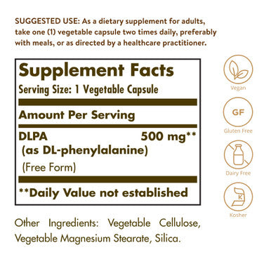 Solgar Dlpa 500 Mg 100 Vegetable Capsules - Free Form Dl-Phenylalanine - Supports Central Nervous System - Vegan Gluten Free Dairy Free Kosher - 100 Servings
