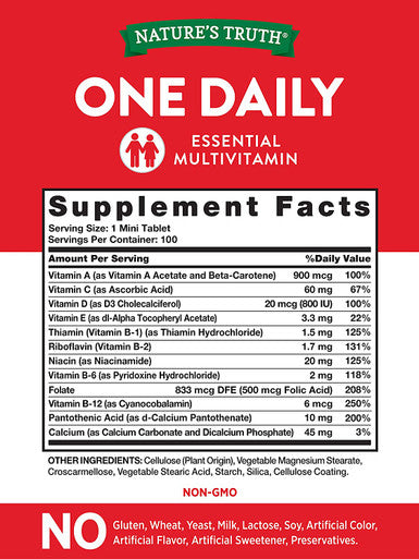 One Daily Womens and Men's Essential Multivitamin | 100 Mini Tablets | Non-GMO & Gluten | By Nature's Truth
