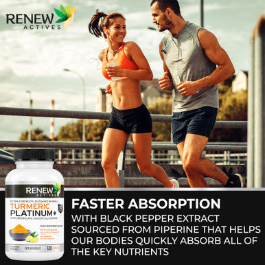 Renew Actives Turmeric Curcumin Supplement: Potent Turmeric Platinum + Supplement With 95% Curcuminoids, Ginger & Bioperine Black Pepper - 120 Capsules