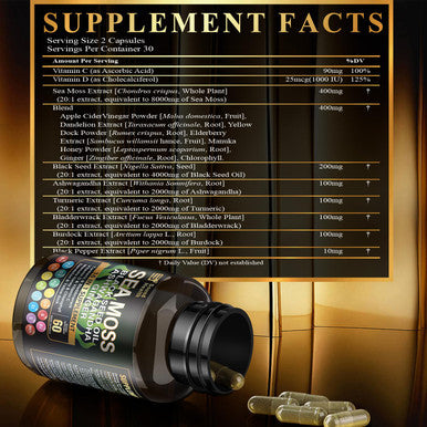 Sea Moss Capsules Featuring 8000mg Sea Moss 4000mg Black Seed Teaming up with 2000mg Ashwagandha Turmeric Burdock and Augmented with Vitamin C and Vitamin D3 60 veggie capsules