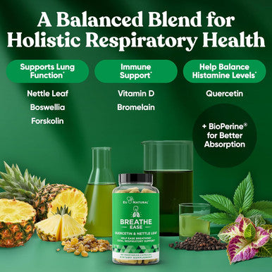 Eu Natural Breathe Inhaler Support Supplement Sinus, Lungs, Open & Clear Airways Seasonal Nasal Health, Bronchial Wellness, Healthy Chest Quercetin, Vitamin D, Bromelain Pills 60 Vegetarian Soft Capsules
