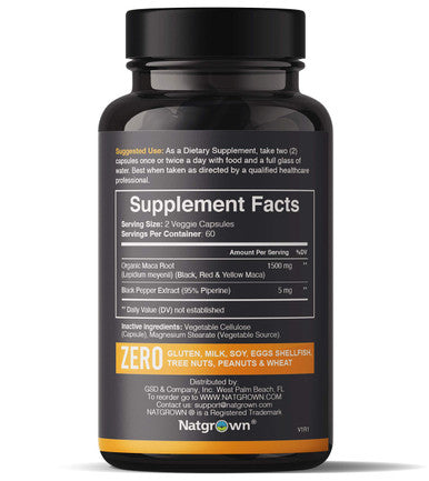 Natgrown Organic Maca Root Powder Capsules 1500 Mg With Black + Red + Yellow Peruvian Maca Root Extract Supplement For Men And Women - Vegan Pills