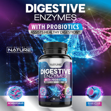 Built Nature Digestive Enzymes For Optimal Digestive Health - Bromelain, Lactase, Lipase, Papain, Probiotics & Prebiotics - Relief From Bloating, Gas & Constipation, Gut Health & Immune Support - 60 Capsules