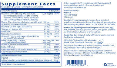 Klaire Labs Multi-Vitamin Complex - Once-Daily Mineral- Multivitamin with Metafolin Folate, Vitamin B6 & B12 (60 Capsules)