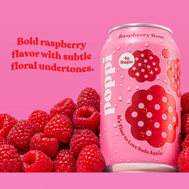 Poppi Sparkling Prebiotic Soda Beverage with Apple Cider Vinegar Seltzer Water and Fruit Juice Raspberry Rose Flavor 12 oz Pack of 12