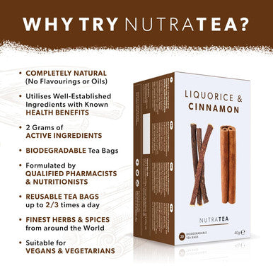 Nutra Tea - Liquorice & Cinnamon Tea | Licorice Tea | Cinnamon Tea - 20 Tea Bags - Herbal Tea - (1 Pack)