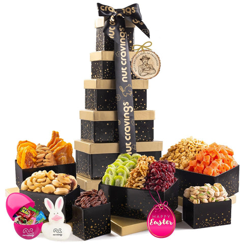NUT CRAVINGS - Purim Mishloach Manot Dried Fruit & Mixed Nuts Gift Basket, Green Tower + Ribbon (12 Assortments) Ramadan Gifts Food Arrangement, Healthy Snack Care Package, Kosher