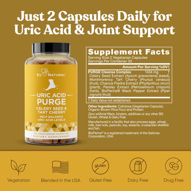 Eu Natural Purge Uric Acid Flush 3-Pack Bundle Eat & Drink What You Want Detox and Cleanse with Celery Seed Extract Tart Cherry & Chanca Piedra for Effective Joint Support & Active Mobility 180 Capsules
