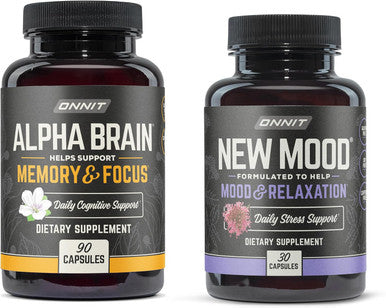Onnit Premium Alpha Brain Bundle - Nootropic Brain Supplement (90 Count) for Focus Concentration & Memory + Mood Supplement for Stress Relief Sleep and Mood (30 Count)
