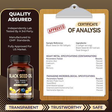 Aumeto Organic Black Seed Oil - 150 Softgel - 100% Cold Pressed Source of Omega 3 (EPA + DPA) - Skin Hair Immune Support (150 Count (Pack of 1))