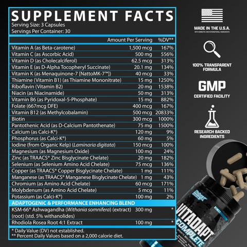 Nutrex Research Vitadapt Complete Sports Multivitamin For Men - 24 Vitamins Ksm-66 Ashwagandha And Minerals For Athletes - Mens Multivitamin (90 Capsules)