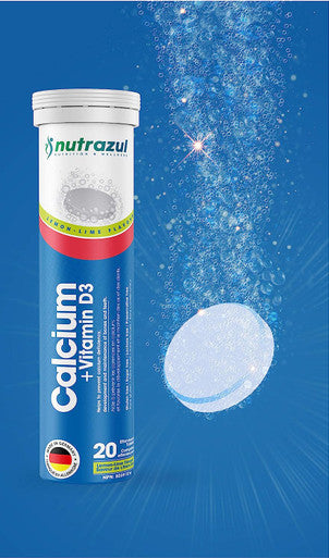 Nutrazul Calcium + Vitamin D3 Effervescent Tablets-Lemon-Lime 20A's | 20 Days Supply | Gluten Free, Sugar Free, Lactose Free & Preservative Free
