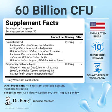 Dr. Berg 60 Billion Probiotic Supplement - Supports Occasional Constipation, Diarrhea, Gas & Bloating - Pre And Probiotics For Digestive Health - 30 Probiotic Capsules
