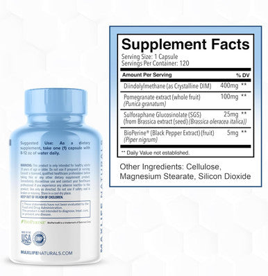 Maxlife Naturals DIM SGS - DIM Supplement with SGS Detox Support - Menopause Support for Women Prostate Supplement for Men - Made with Bioperine for Maximum Absorption - 120 Easy-to-Swallow Capsules 2-Month Supply