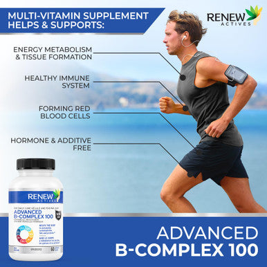 Renew Actives Vitamin B Complex 100: Advanced Comprehensive Wellness - 100% Of B1, B2, B3, B5, B-6, B-12. Promotes Normal Growth, Tissue Formation, & Liver Function - Essential For Health - 60 Caps