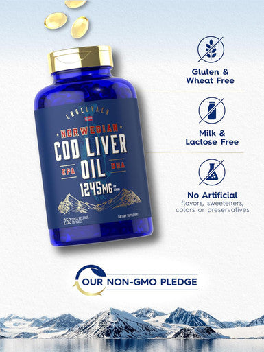 Carlyle Cod Liver Oil Softgels | 1245mg | 250 Count | Norwegian | Non GMO Gluten