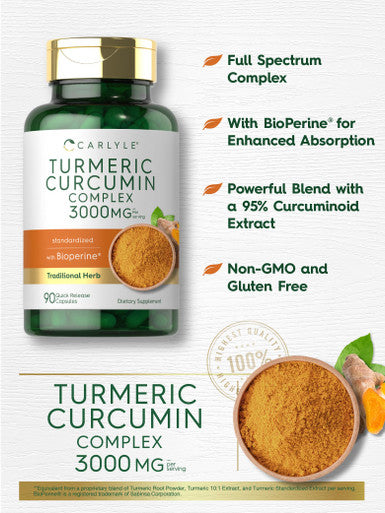 Carlyle Turmeric Curcumin With Black Pepper 3000Mg | 90 Powder Capsules | Complex Supplement With Bioperine | Non-Gmo, Gluten