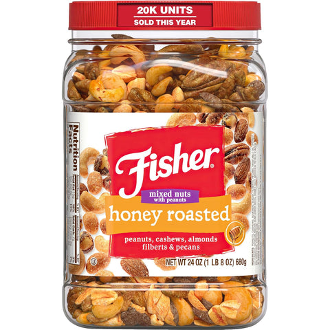 Fisher Snack Honey Roasted Mixed Nuts with Peanuts, 24 Ounces | Peanuts, Cashews, Almonds, Filberts, Pecans