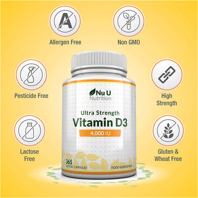 Vitamin D3 4000 IU 365 Softgel Capsules NOT Tablets Full Year Supply Easy to Swallow Quadruple Strength Vitamin D3 Supplement