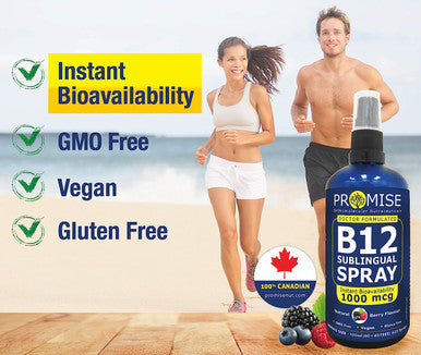 Promise Vitamin B12 Sublingual Spray 1000mcg, Instant Bioavailability, Boost Energy Production, Natural Berry Flavour, Made in Canada (60ml + 40ml FREE - 625 sprays)