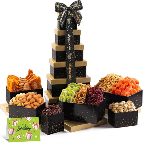NUT CRAVINGS - Purim Mishloach Manot Dried Fruit & Mixed Nuts Gift Basket, Green Tower + Ribbon (12 Assortments) Ramadan Gifts Food Arrangement, Healthy Snack Care Package, Kosher