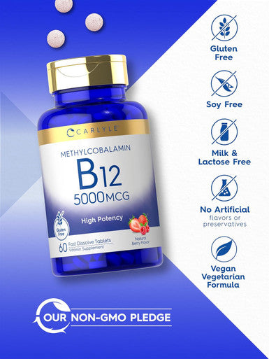 Carlyle Vitamin B-12 5000mcg | 60 Fast Dissolve Tablets | for Adults | Vegetarian Non-GMO & Gluten | Methylcobalamin Supplement