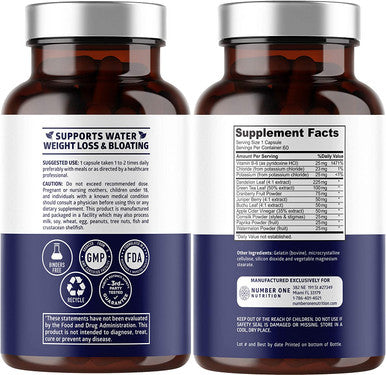 N1 Nutrition Premium Water Away Pills Natural Diuretic Enhanced with Dandelion Leaf Extract Potassium for Water Retention Bloating Swelling Relief NonGMO 60 Caps