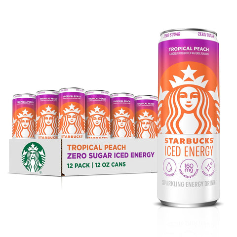 Starbucks Iced Energy Drink, 3 Flavor Variety Pack (Tropical Peach, Watermelon Splash, Blueberry Lemonade), Zero Sugar Energy Drink, Plant Based Caffeine, Hydration, Mental Clarity, 12x12 Fl Oz Cans