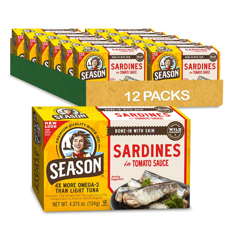 Season Sardines in Water No Salt Added Wild Caught 22g of Protein Keto Snacks More Omega 3's Than Tuna Kosher High in Calcium Canned Sardines 4.37 Oz Tins 12Pack