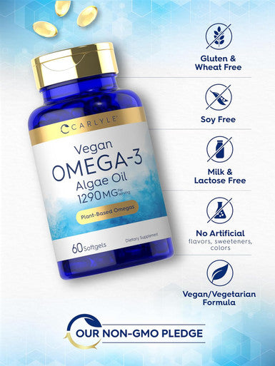 Carlyle Vegan Omega 3 Supplement | 1290 mg | 60 Softgels | Plant Based | Non-GMO & Gluten | from Algae Oil