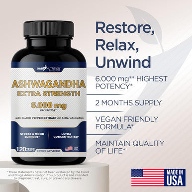 Ashwagandha Supplements - Extra Strength 6000Mg Ashwagandha Powder Capsules With Black Pepper. Natural Mood, Focus, And Energy Support Supplement, 120 Veggie Capsules, Usa Made