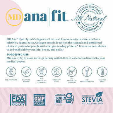 MD Ana Fit - Grass-Fed Hydrolyzed Collagen Peptides Powder, Non-Gmo Dairy, Hormone Free & Gluten Free, Pasture Raised, Unflavored, 30 Stick Packs (360G)