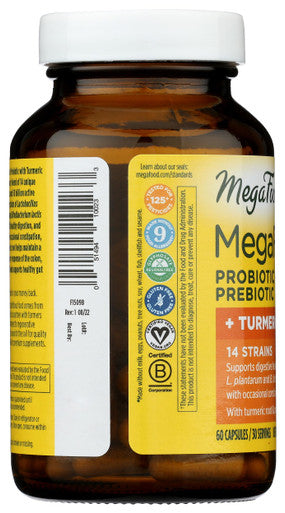 MegaFood Megaflora Probiotic + Prebiotics + Turmeric - Probiotics For Women & Men - Probiotics For Digestive Health - 50 Billion Cfus - 14 Strains - Vegan - Non-Gmo - 60 Caps (30 Servings)